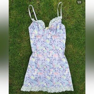Light Purple Floral Bustier Mini Dress | Lace Trim, Yellow Bow, Peekaboo Back